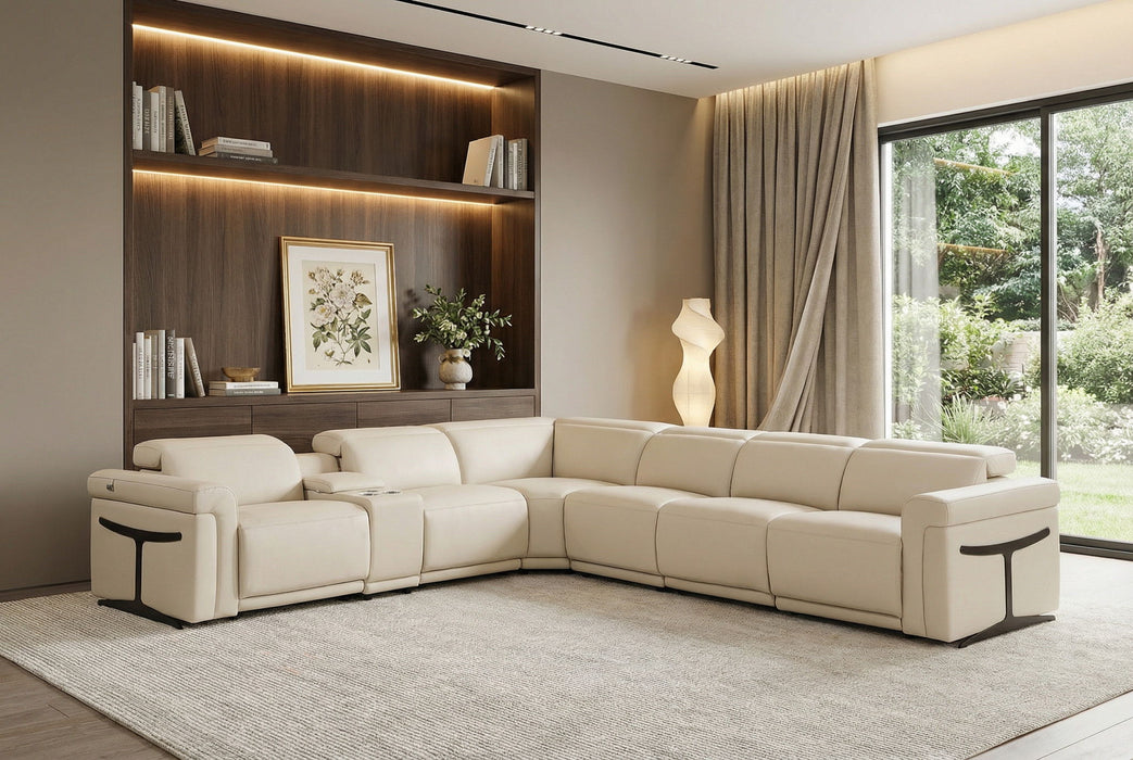 Italian Leather Modular L-Shaped Seven Piece Corner Sectional With Console - Beige