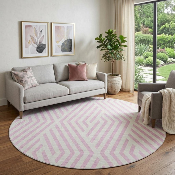 8' Geometric Washable Round Rug With UV Protection (648583) - Pink / Ivory