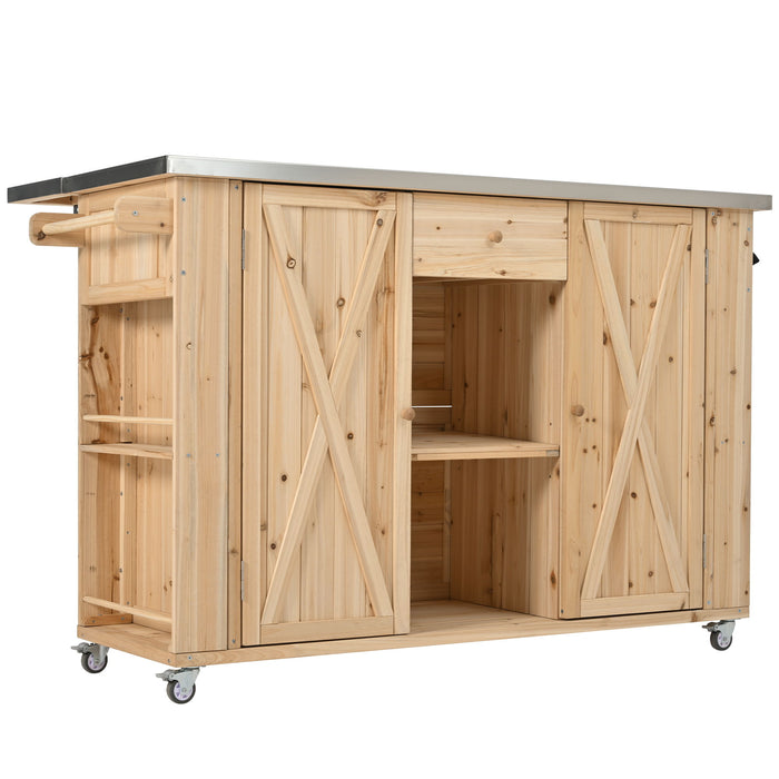 Giga outdoor kitchen island with stainless steel top, storage, towel and spice racks, and a bottle opener.