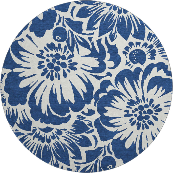8' Floral Washable Round Rug With UV Protection (648667) - Navy Blue / Ivory