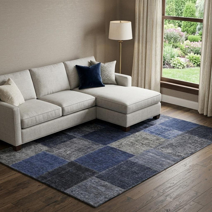 10' X 14' Patchwork Washable Area Rug With UV Protection (655192) - Navy Blue / Gray