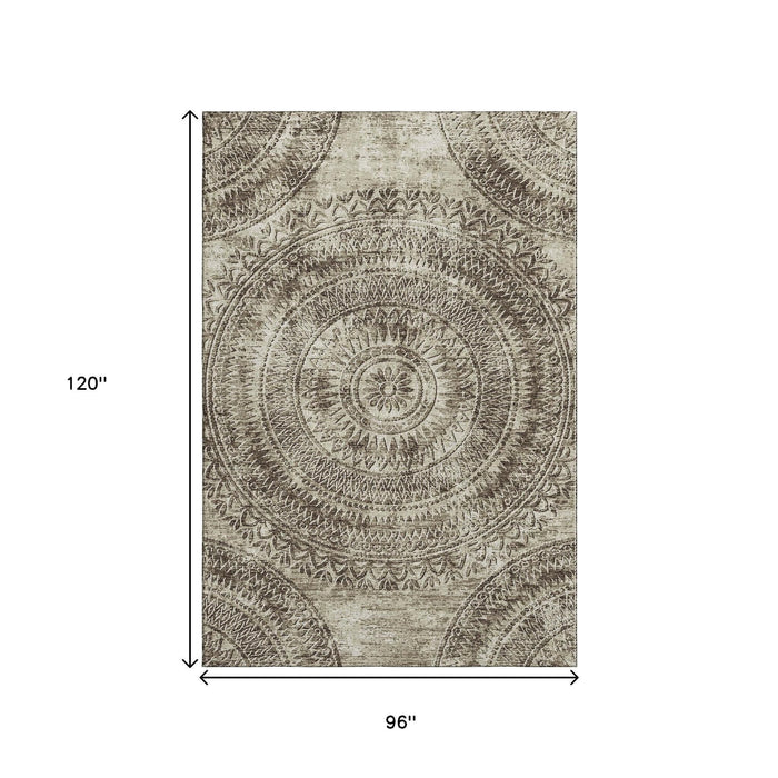 8' X 10' Medallion Washable Area Rug With UV Protection (644896) - Brown / Ivory