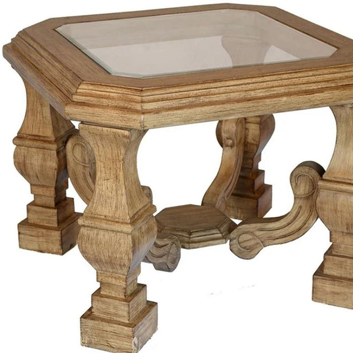 Wood Glass Square End Table - Light Brown / Clear