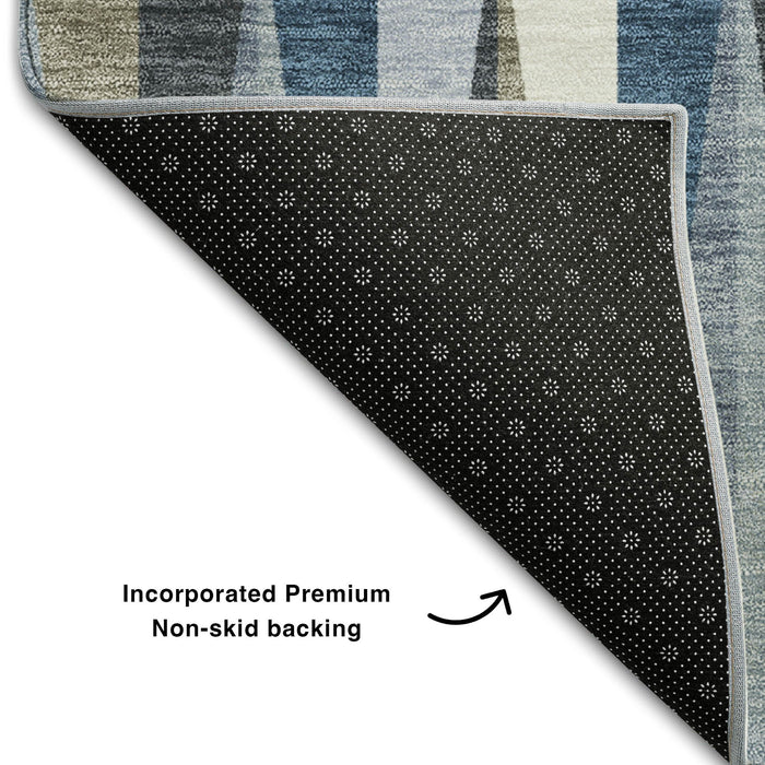 10' X 14' Geometric Washable Area Rug With UV Protection (679414) - Denim Blue / Ivory / Taupe