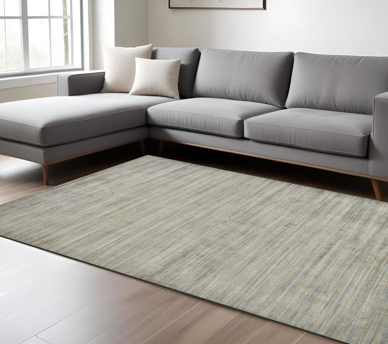 8' X 10' Wool Striped Hand Woven Area Rug - Silver And Gray