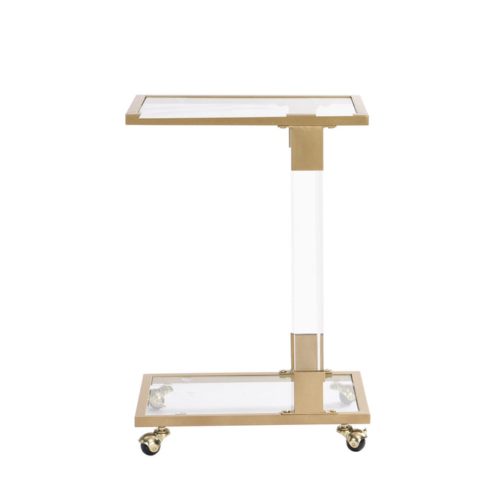 Giga side table with glass top and metal C-shaped base, ideal for living room, bedroom, balcony, or office use.