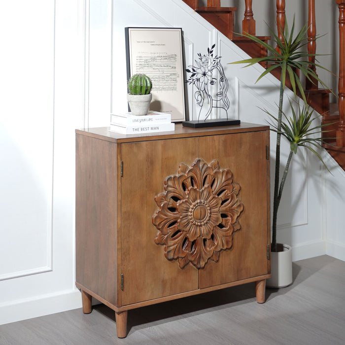 Dark brown Giga accent storage cabinet with two doors and floral design, ideal for living room sideboard storage.