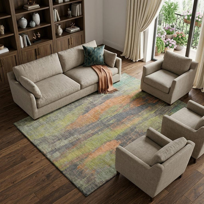 10' X 14' Abstract Washable Area Rug With UV Protection (696002) - Orange / Teal / Gold