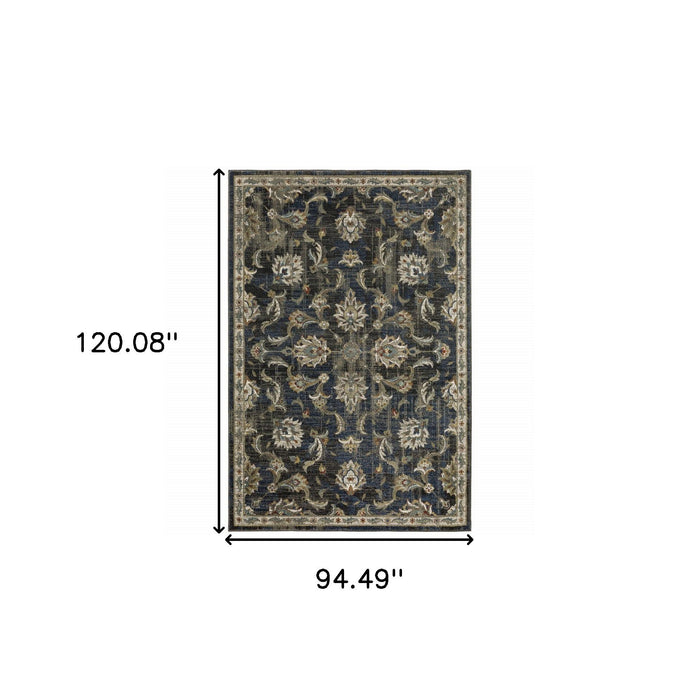 8' x 10' Oriental Power Loom Stain Resistant Area Rug - Charcoal Blue Gold Rust And Beige