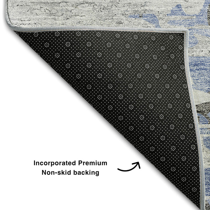 10' X 14' Abstract Washable Area Rug With UV Protection (656933) - Blue / Gray / Ivory