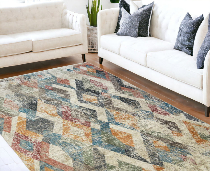 8' x 10' Geometric Distressed Area Rug With Fringe - Beige Blue And Gray