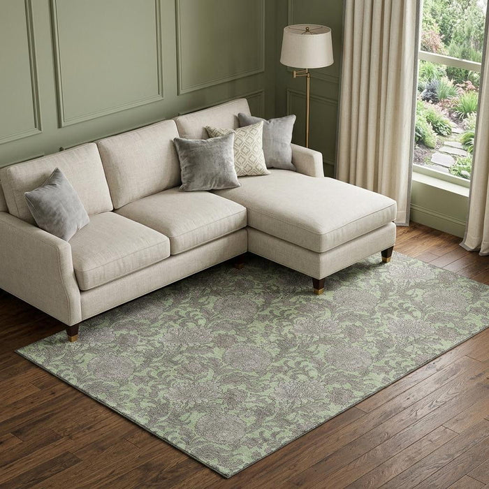10' X 14' Floral Washable Area Rug With UV Protection (655770) - Artichoke Green / Gray
