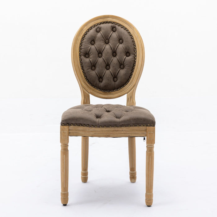Giga French style solid wood dining chair set with nailhead trim, antique painting design, wood legs, and decorative buckle details.