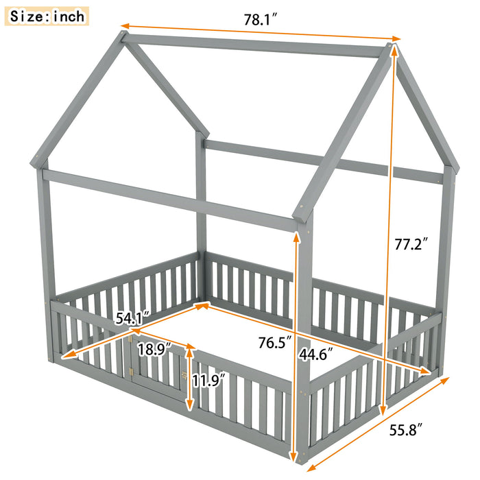 Giga wood house platform bed with fence and door, featuring a cozy design for children's bedrooms, made of natural wood.
