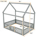 Giga wood house platform bed with fence and door, featuring a cozy design for children's bedrooms, made of natural wood.