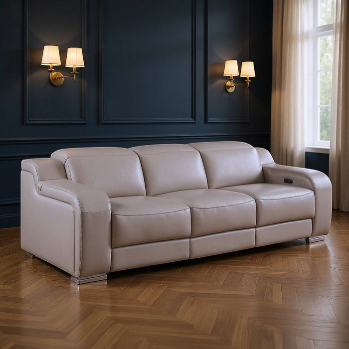 103" Italian Leather Reclining USB Sofa - Light Gray