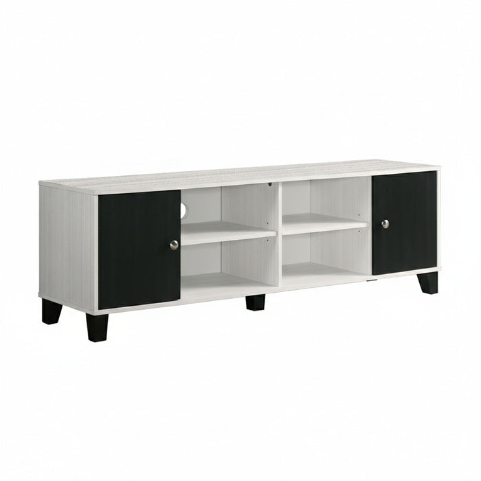 Giga 2-tone black and white TV stand with open shelves and concealed storage, modern living room furniture.
