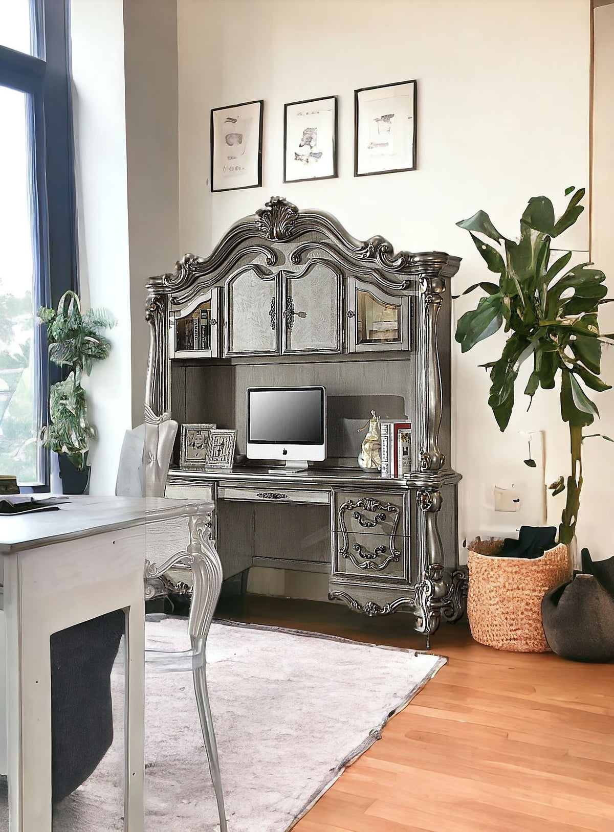 Solid Wood Peninsula Wall Mounted Computer Desk With Four Cabinets Five ...