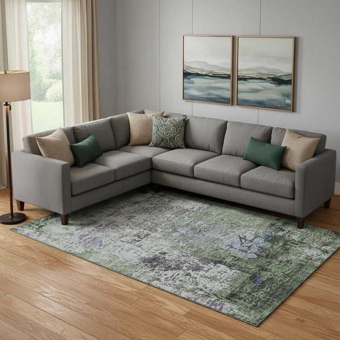 10' X 14' Abstract Washable Area Rug With UV Protection (707815) - Fern Green / Gray / Ivory