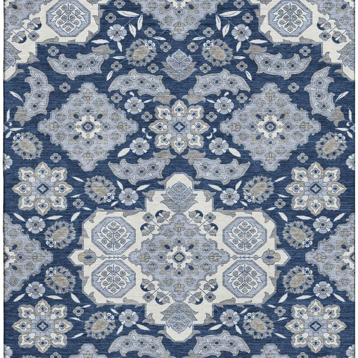 10' X 14' Floral Medallion Washable Area Rug With UV Protection (705827) - Blue / Ivory