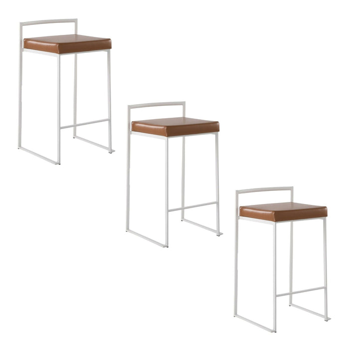 Fuji - 26" Stackable Counter Stool (Set of 3) - White Metal With Camel Faux Leather Cushion