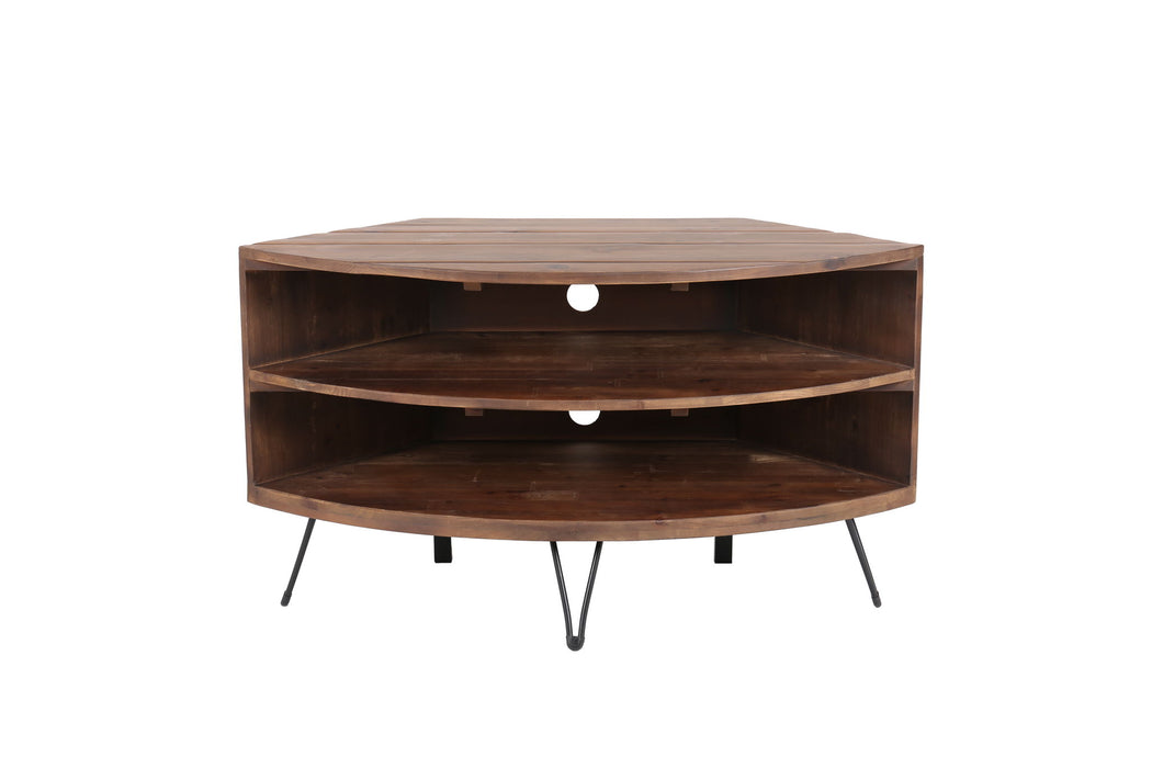 Giga fan shape reclaimed wood corner TV stand for living room, natural wood finish, designed to maximize space efficiency.