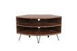 Giga fan shape reclaimed wood corner TV stand for living room, natural wood finish, designed to maximize space efficiency.