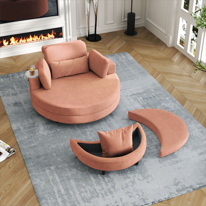 Giga stationary chair and ottoman with two throw pillows, waist pillow, and tray for comfortable seating in small apartment bedroom