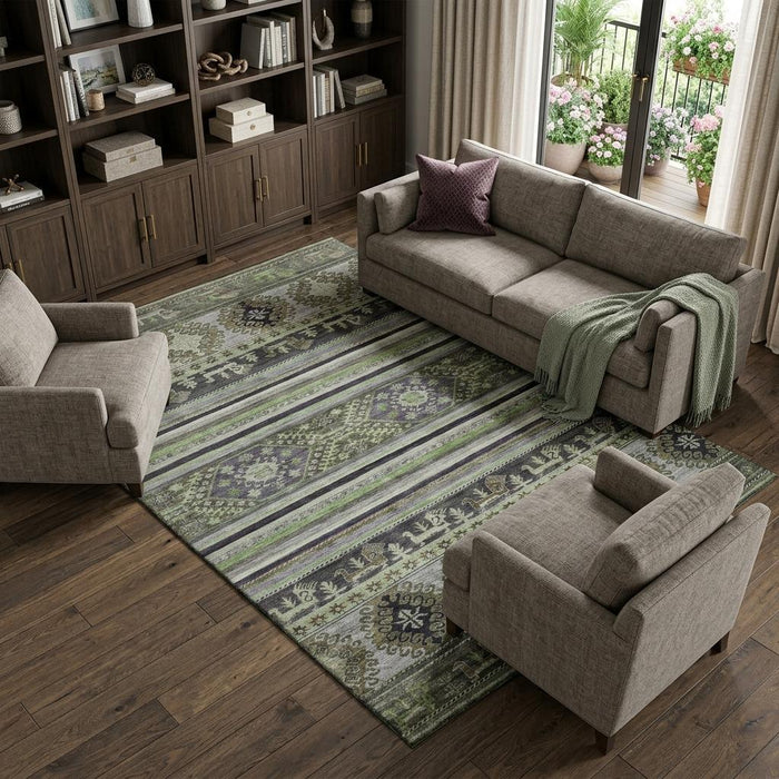10' X 14' Medallion Washable Area Rug With UV Protection (695252) - Fern Green / Ivory / Gray
