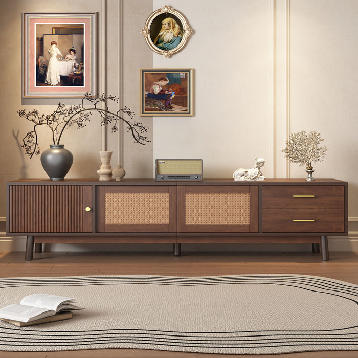 Dark brown Giga TV stand for 80-inch TVs with sliding doors and drawers, featuring modern accent storage unit design.