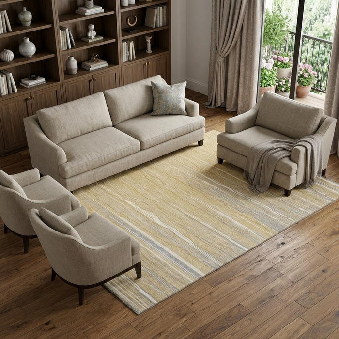 10' X 14' Striped Washable Area Rug With UV Protection (678371) - Gold / Gray / Ivory
