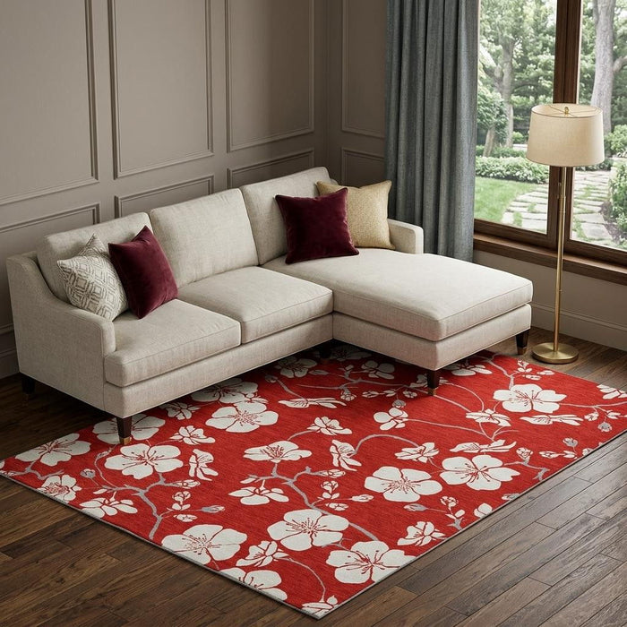 10' X 14' Floral Washable Area Rug With UV Protection (681071) - Red / Ivory