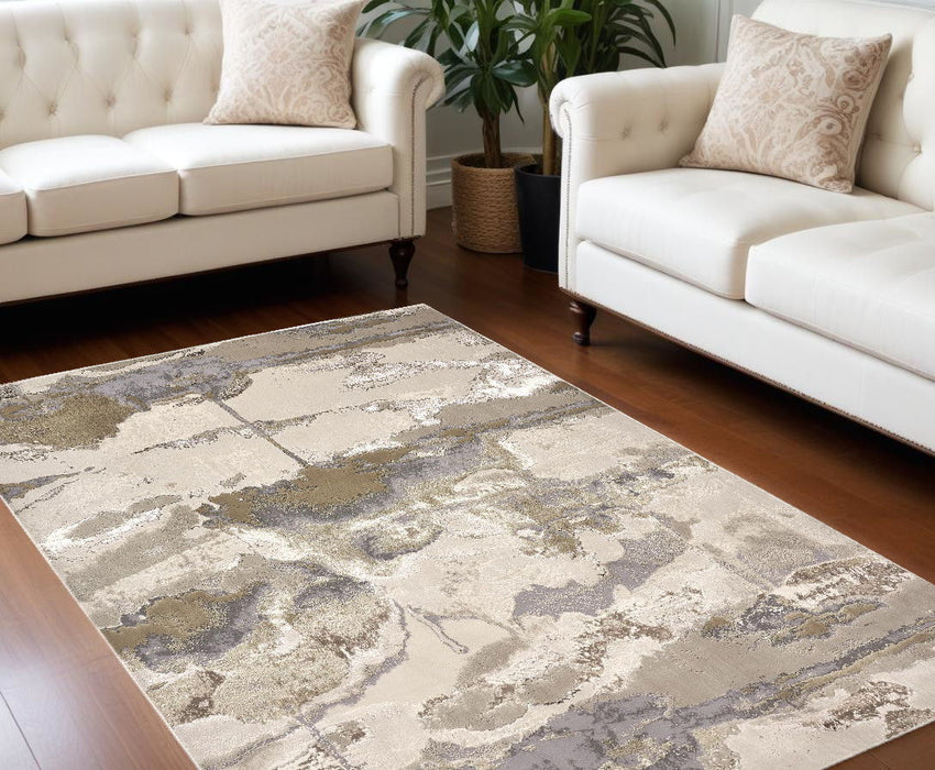 10' x 13' Abstract Stain Resistant Area Rug - Gray Ivory And Gold