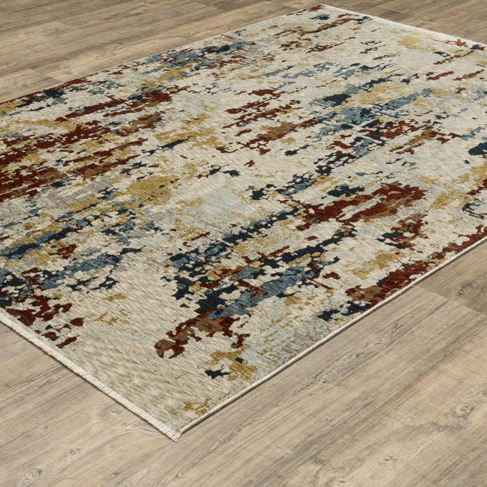 10' X 13' Abstract Distressed Area Rug With Fringe - Beige And Light Blue