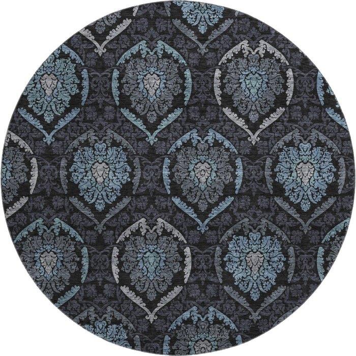 8' Medallion Washable Round Rug With UV Protection - Blue And Charcoal