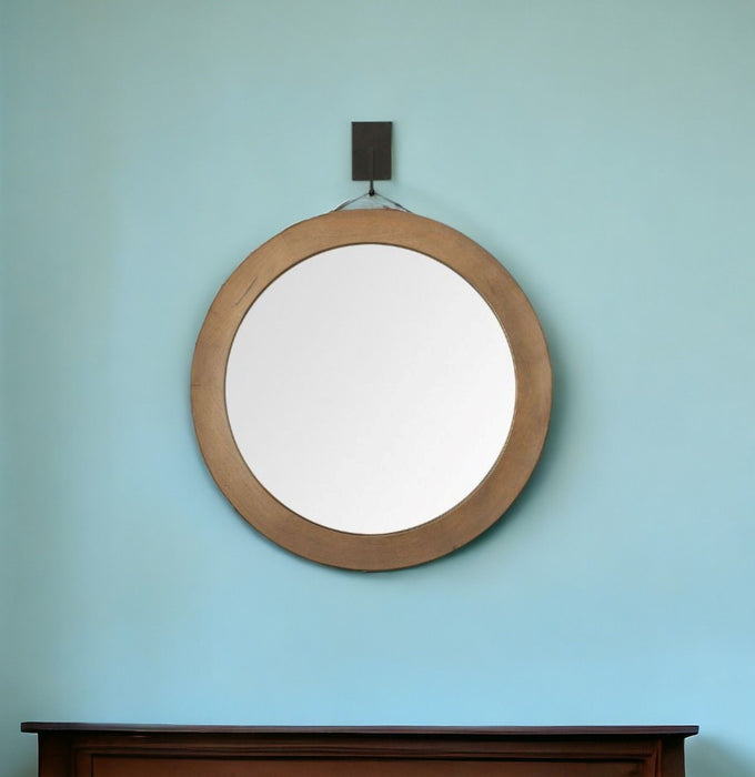 44" Round Framed Rope Hanging Accent Mirror - Brown