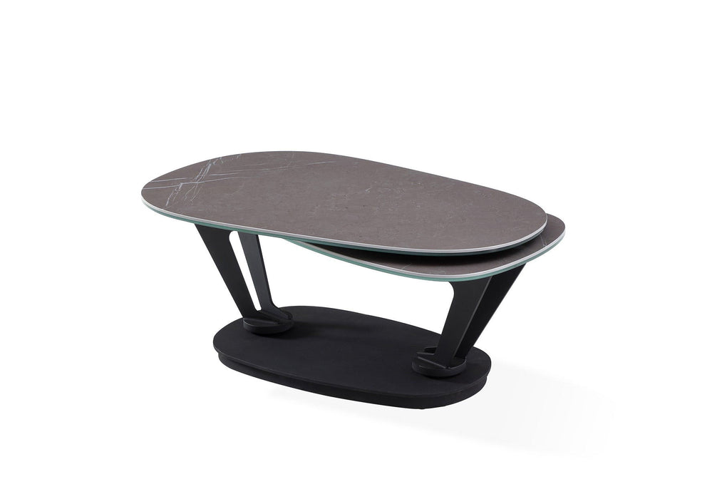 Gray and black faux marble and metal oval coffee table from HomeRoots, modern design with sleek oval shape.
