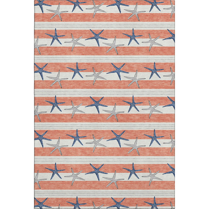 10' X 14' Geometric Washable Area Rug With UV Protection (646139) - Coral / Ivory / Navy Blue