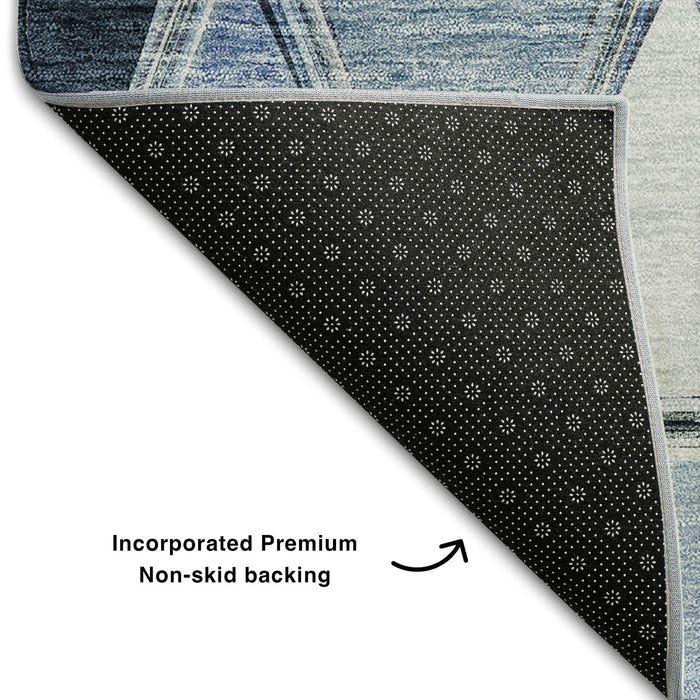 8' X 10' Geometric Washable Area Rug With UV Protection (657621) - Blue / Gray / Ivory