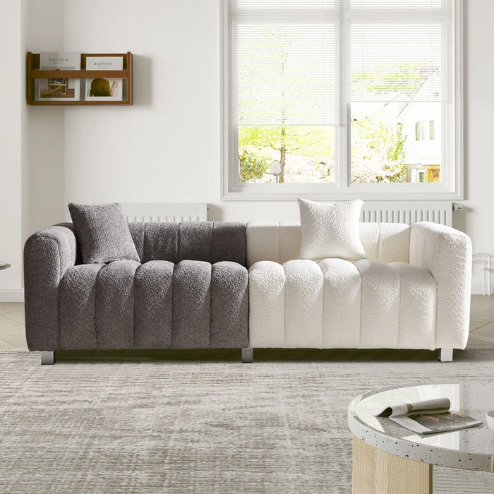 Giga 3-seater stationary sofa with metal legs, white and gray upholstery, two pillows, ideal for living room comfort.