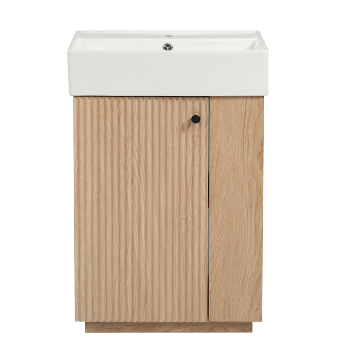 Giga bathroom vanity with sink, freestanding wood grain cabinet featuring storage drawers and modern design.