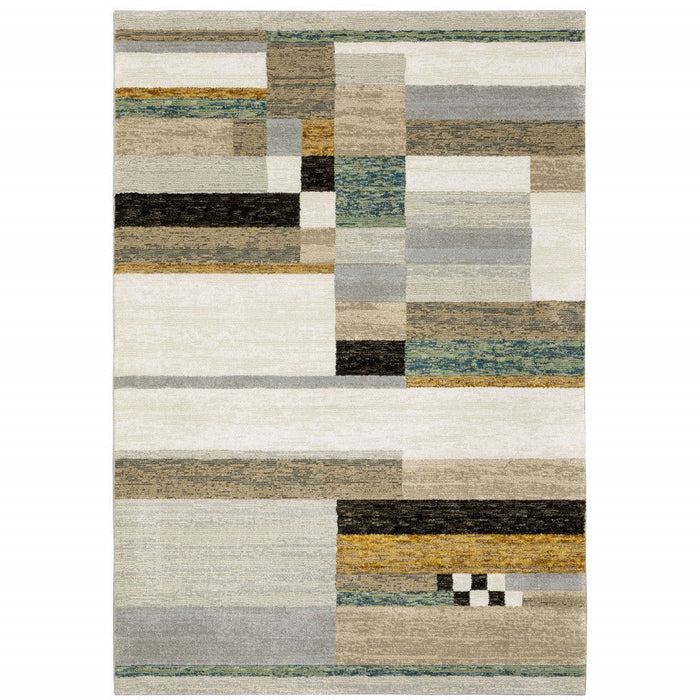 9' x 12' Geometric Power Loom Area Rug - Beige Gold Black Gray Tan Teal And Rust