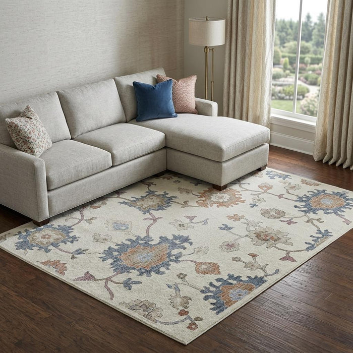 10' X 14' Floral Washable Area Rug With UV Protection (688492) - Ivory / Blue / Coral