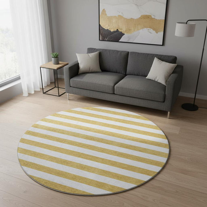 8' Striped Washable Round Rug With UV Protection (647581) - Gold / Ivory