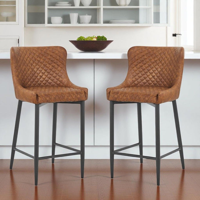 26" Metal And Faux Leather Low Back Counter Height Bar Chairs (Set of 2) - Orange / Black