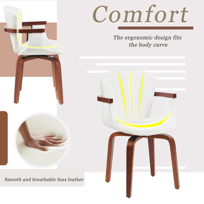 Set of two Giga Mid Century Modern bentwood swivel dining chairs with white seats and walnut wood legs and frames.