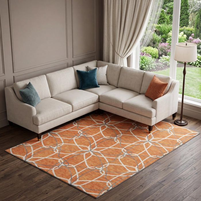 10' X 14' Geometric Washable Area Rug With UV Protection (675528) - Orange / Ivory / Gray