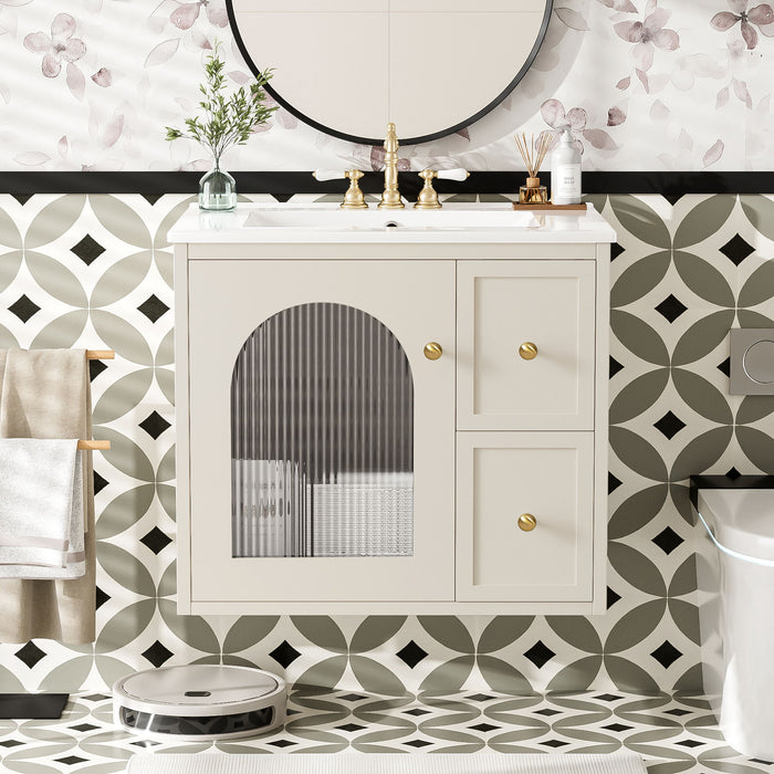 Giga wall-mounted bathroom vanity set with sink, two drawers, and soft-close door in modern design