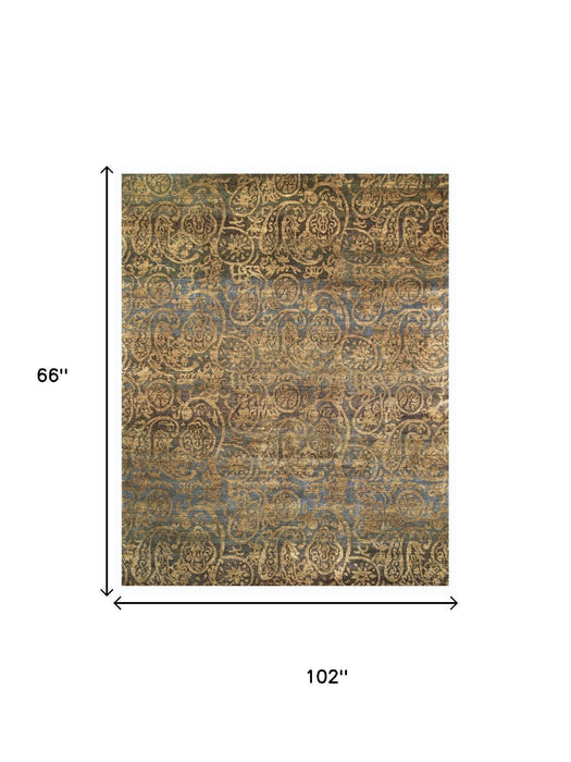 5' X 8' Wool Paisley Hand Knotted Area Rug (744167) - Brown / Gold / Blue