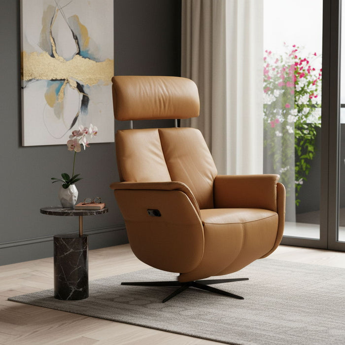 Genuine Leather Power Swivel Recliner - Camel